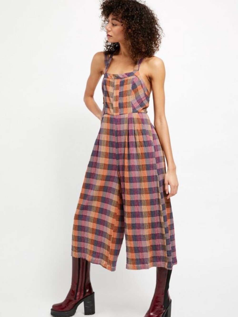 Free People Zuzu Wide Leg Romper in Indigo Plum Gingham Gauze